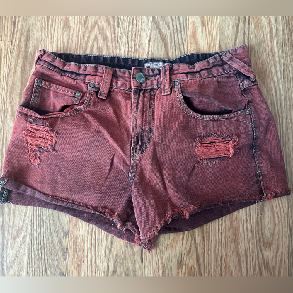 Distressed Red Denim Shorts